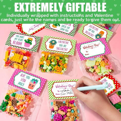 24PCS Flowers Succulents Building Blocks Valentines Day Cards for Kids School Party Favors Classroom Prizes Bulk Artificial Botanical Toy Valentines Exchange Gifts Goodie Bags Stuffers for Girl Boy 6+ in Saudi Arabia