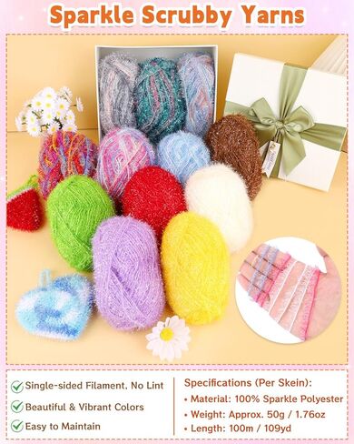 Coopay 12 Skeins Scrubby Yarn for Dishcloths, 1308 Yard, Polyester Sparkle Crochet Yarn for Scrubbies Crocheting with Crochet Hooks, Step-by-Step Video Tutorials, DIY Dishwashing Crafts for Adult in Saudi Arabia