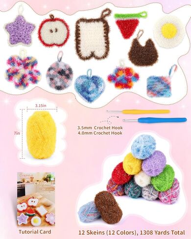 Coopay 12 Skeins Scrubby Yarn for Dishcloths, 1308 Yard, Polyester Sparkle Crochet Yarn for Scrubbies Crocheting with Crochet Hooks, Step-by-Step Video Tutorials, DIY Dishwashing Crafts for Adult in Saudi Arabia