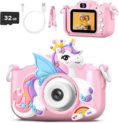 Kids Camera Toys for 3-8 Year Old Boys & Girls, 1080P HD Digital Video Toddler Camera with 32GB SD Card & Selfie Mode, Shockproof Cover Christmas Birthday Gifts for Age 3 4 5 6 7 8, Pink in Saudi Arabia