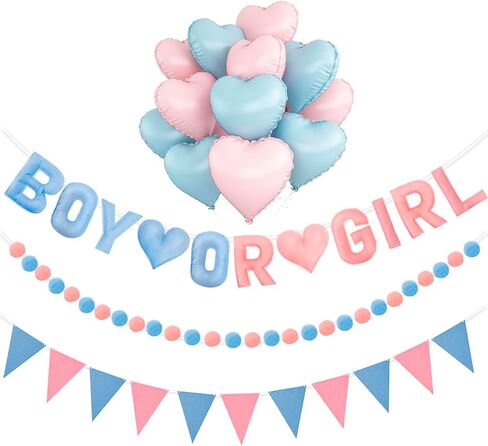 Gender Reveal Banner Set with Pre-Strung 3D Boy or Girl Felt Banner, Pom Pom Garland, Triangle Fabric Bunting, 12 PCS Pink Blue Heart Shaped Balloons, Baby Shower Decorations for Girls Boys Twins in Saudi Arabia