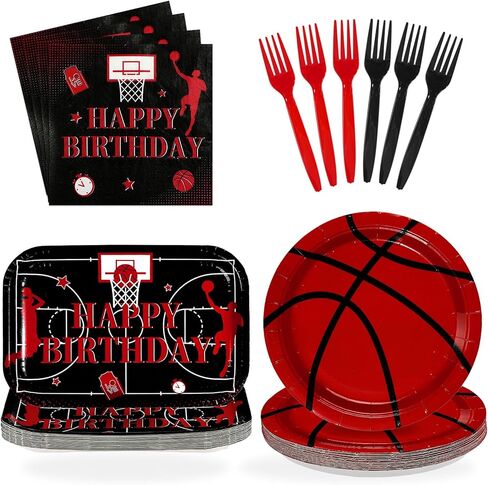 96Pcs Basketball Birthday Party Supplies Black Red Basketball Plates Forks and Napkins Happy Birthday Tableware Set for Boys Kids Teens Adult Sport Theme Party Decorations Serves 24 in Saudi Arabia