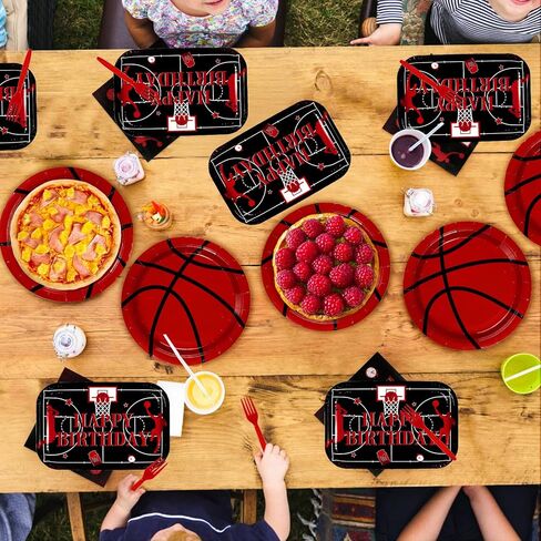 96Pcs Basketball Birthday Party Supplies Black Red Basketball Plates Forks and Napkins Happy Birthday Tableware Set for Boys Kids Teens Adult Sport Theme Party Decorations Serves 24 in Saudi Arabia