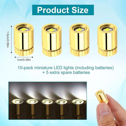 10 قطع من مصابيح LED الصغيرة مع 5 قطع من البطارية، مصابيح LED مصغرة تعمل بالبطارية مع غلاف ذهبي لبيت الدمى الصغير، لعبة الحرف اليدوية، مكعبات بناء ديكورات بيت الدمية الصغيرة (أبيض بارد) in Kuwait