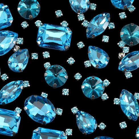 156Pcs 7 Styles Blue Sew on Gems Claw Back Rhinestones Metal Prong Set Aquamarine Small Faceted Rectangle Round Teardrop Crystals Accessories for Clothes Fabric Shoes Dress Jewelry DIY Making in Saudi Arabia
