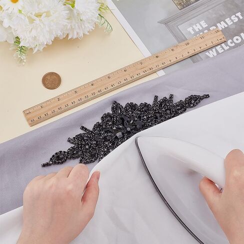 FINGERINSPIRE زجاج حجر الراين زين بقع 9.4x3.7 بوصة الحديد على/خياطة على اللون النفاث كريستال حجر الراين بقع الأزهار الزفاف حزام الزفاف الديكور DIY بها بنفسك الحرفية Hanfwork الملابس زي الديكور in Saudi Arabia