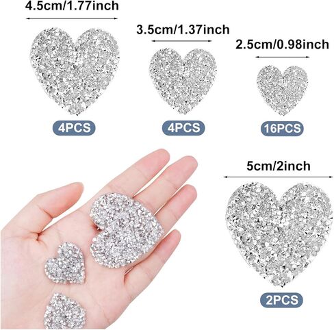 26 Pcs Heart Shape Rhinestone Iron On Patches Adhesive Hot Glue Glitter Silver Rhinestone Love Hearts Crystal Patches for Clothes, Jeans, Shoes, Hats in Saudi Arabia