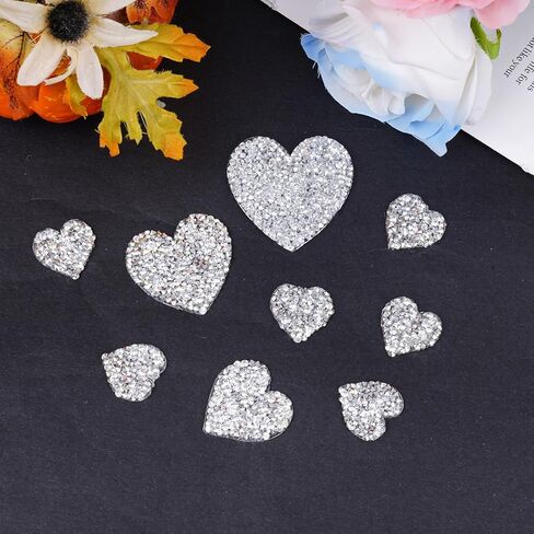 26 Pcs Heart Shape Rhinestone Iron On Patches Adhesive Hot Glue Glitter Silver Rhinestone Love Hearts Crystal Patches for Clothes, Jeans, Shoes, Hats in Saudi Arabia