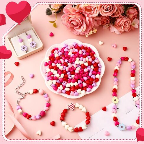 600 Pcs Valentine's Day Acrylic Heart Beads 10mm Red White Heart Spacer Beads Romantic Love Pendant Craft Kits for Valentine Women DIY Jewelry Making Craft Party Supplies in Saudi Arabia