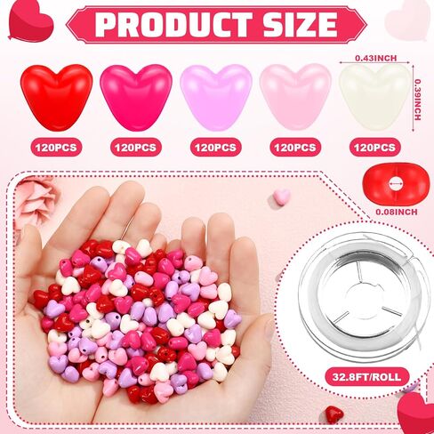 600 Pcs Valentine's Day Acrylic Heart Beads 10mm Red White Heart Spacer Beads Romantic Love Pendant Craft Kits for Valentine Women DIY Jewelry Making Craft Party Supplies in Saudi Arabia