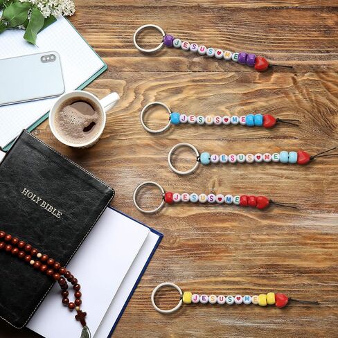 Ferreve 35 Set Jesus Loves Me Bead Keychains Craft Kit Christian Crafts Bulk DIY Religious Faith Bead Key Chain with Letter Heart Shape Beads Key Ring for Christian Gifts VBS Jewelry Making in Saudi Arabia