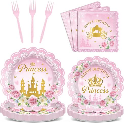 96pcs Princess Birthday Party Decorations Pink Princess Scalloped Plates Napkin Tableware Set Pink Floral Gold Castle Fairytale Disposable Tableware for Girls Birthday Baby Shower Party Supplies Favor in Saudi Arabia
