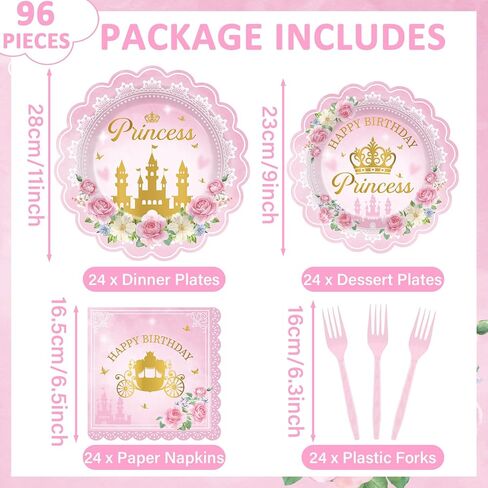 96pcs Princess Birthday Party Decorations Pink Princess Scalloped Plates Napkin Tableware Set Pink Floral Gold Castle Fairytale Disposable Tableware for Girls Birthday Baby Shower Party Supplies Favor in Saudi Arabia