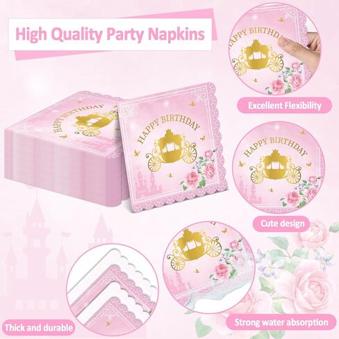96pcs Princess Birthday Party Decorations Pink Princess Scalloped Plates Napkin Tableware Set Pink Floral Gold Castle Fairytale Disposable Tableware for Girls Birthday Baby Shower Party Supplies Favor in Saudi Arabia