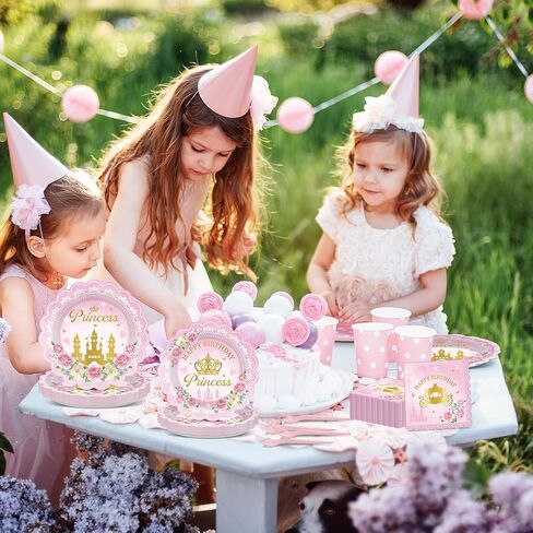 96pcs Princess Birthday Party Decorations Pink Princess Scalloped Plates Napkin Tableware Set Pink Floral Gold Castle Fairytale Disposable Tableware for Girls Birthday Baby Shower Party Supplies Favor in Saudi Arabia