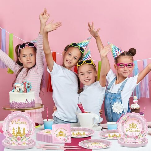 96pcs Princess Birthday Party Decorations Pink Princess Scalloped Plates Napkin Tableware Set Pink Floral Gold Castle Fairytale Disposable Tableware for Girls Birthday Baby Shower Party Supplies Favor in Saudi Arabia