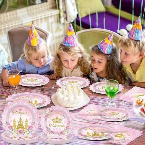 96pcs Princess Birthday Party Decorations Pink Princess Scalloped Plates Napkin Tableware Set Pink Floral Gold Castle Fairytale Disposable Tableware for Girls Birthday Baby Shower Party Supplies Favor in Saudi Arabia