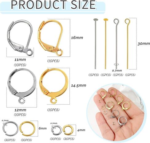 TOAOB 200pcs French Earring Hooks Gold Silver Leverback Ear Wire Kit Stainless Steel Clip Earring Connector with Head Pins and Jump Rings Supplies Jewelry Making Findings in Saudi Arabia