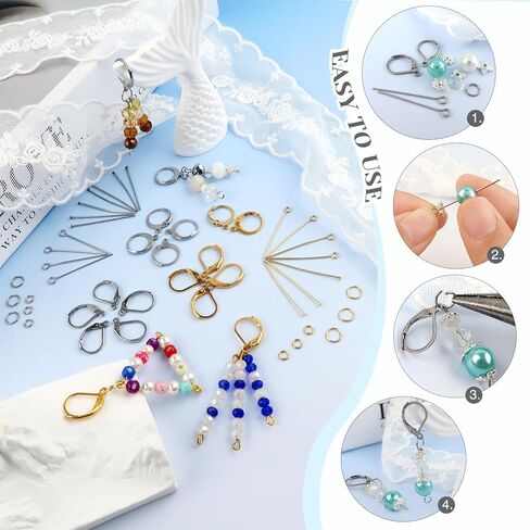 TOAOB 200pcs French Earring Hooks Gold Silver Leverback Ear Wire Kit Stainless Steel Clip Earring Connector with Head Pins and Jump Rings Supplies Jewelry Making Findings in Saudi Arabia