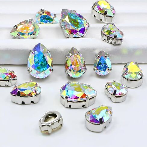 DONGZHOU Drop Shape Sew On Rhinestone with Silver Claw,48Pcs Mix Size Sewing Crystal Stone K9 Glass Gems for Clothes Shoes Jewelry Making DIY Crafts Wedding Decoration,Crystal AB in Saudi Arabia