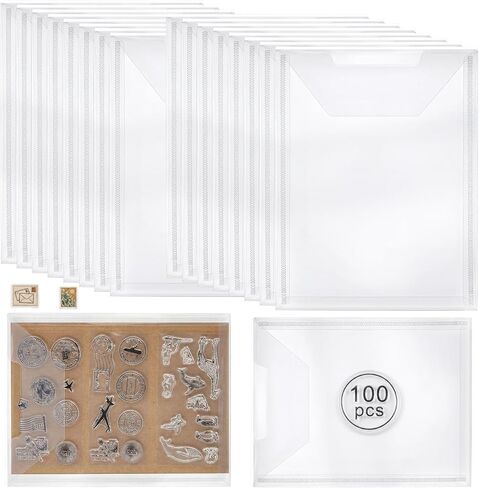 Tinlade 100 Pcs Stamp and Die Storage Pockets Clear Stamp Holder 5-5/8" x 7-3/8" Die Cut Storage Sleeves Organizer in Saudi Arabia