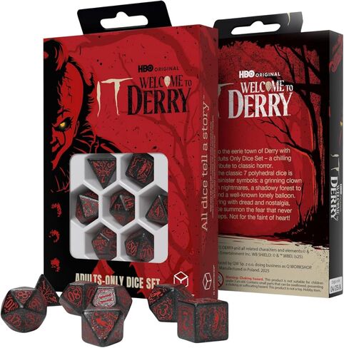 It: Welcome to Derry – Adults-Only Dice Set | Official Licensed Horror Dice by Q Workshop | Black Glitter Polyhedral RPG Dice | Ages 18+ in Saudi Arabia