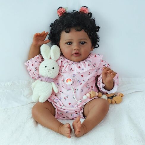SCOM Black Reborn Baby Doll - 18 Inch Realistic African American Girl, Looking Real Lifelike Baby with Soft Cloth, Newborn Weighted Brown Hispanic Doll with Full Vinyl Body for 3 4 5 6 + Year Old Gift in Saudi Arabia