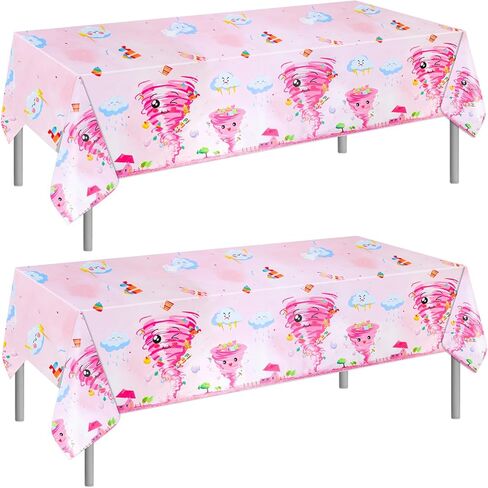PHOGARY 2 PCS Two Nado Party Tablecloths, Two Nado Birthday Decorations Girl Disposable Rectangle Table Cover Plastic Tornado Party Table Cloth for 2nd Birthday Decorations for Girl 54" X 108" in Saudi Arabia