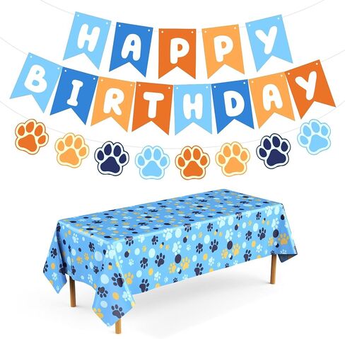 Breling Blue and Orange Party Decorations, Include Dog Paw Print Plastic Tablecloth 54 x 108 Inch, Blue and Orange Birthday Banners, Dog Paw Birthday Banner Decoration for Puppy Themed Party Supplies in Saudi Arabia