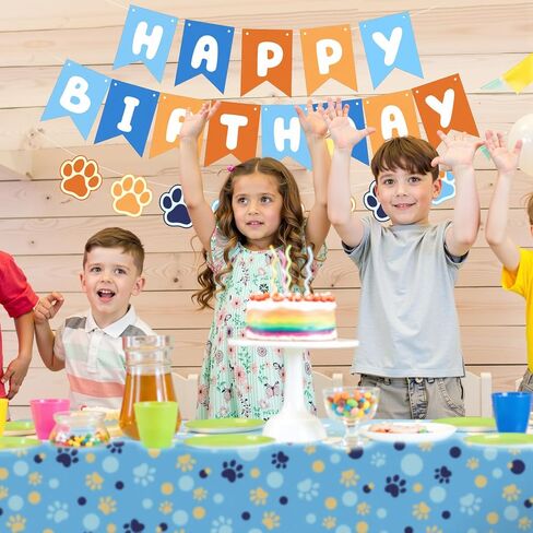 Breling Blue and Orange Party Decorations, Include Dog Paw Print Plastic Tablecloth 54 x 108 Inch, Blue and Orange Birthday Banners, Dog Paw Birthday Banner Decoration for Puppy Themed Party Supplies in Saudi Arabia