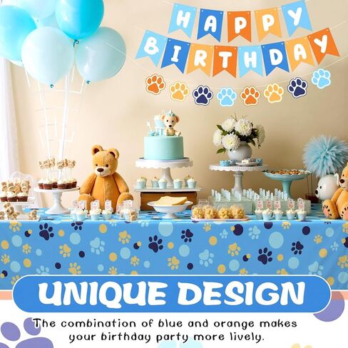 Breling Blue and Orange Party Decorations, Include Dog Paw Print Plastic Tablecloth 54 x 108 Inch, Blue and Orange Birthday Banners, Dog Paw Birthday Banner Decoration for Puppy Themed Party Supplies in Saudi Arabia