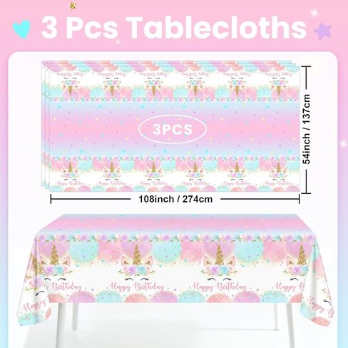Avezano 3 pcs Unicorn Tablecloth 108 x 54 Unicorn Birthday Decorations for Girls Kids Pastel Rainbow Disposable Plastic Table Covers in Saudi Arabia