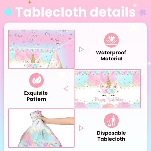 Avezano 3 pcs Unicorn Tablecloth 108 x 54 Unicorn Birthday Decorations for Girls Kids Pastel Rainbow Disposable Plastic Table Covers in Saudi Arabia