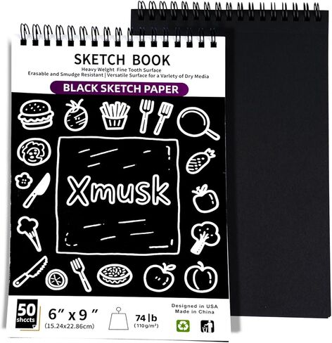 كتاب رسم أسود بغلاف مقوى - دفتر رسم حلزوني مقاس 6 بوصة × 9 بوصة للفنانين والطلاب والكبار، ورق رسم أسود ثقيل الوزن لا ينزف مثالي لأقلام التحديد المعدنية/الجل/الطباشير، دفتر رسم جاهز للهدايا in Kuwait