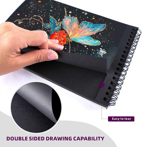 كتاب رسم أسود بغلاف مقوى - دفتر رسم حلزوني مقاس 6 بوصة × 9 بوصة للفنانين والطلاب والكبار، ورق رسم أسود ثقيل الوزن لا ينزف مثالي لأقلام التحديد المعدنية/الجل/الطباشير، دفتر رسم جاهز للهدايا in Kuwait