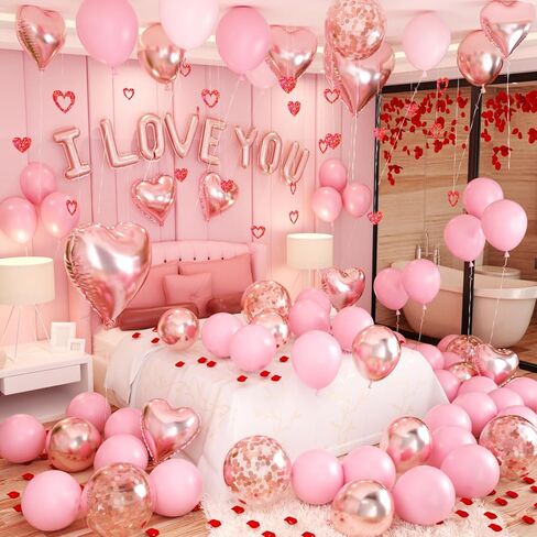 Valentines Day Balloons Kit, Valentines Day Decorations for Bedroom with Rose Gold Pink I LOVE YOU Balloons Rose Petals for Anniversary Mothers Day Wedding Romantic Decorations Special Night in Saudi Arabia