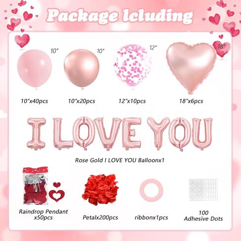 Valentines Day Balloons Kit, Valentines Day Decorations for Bedroom with Rose Gold Pink I LOVE YOU Balloons Rose Petals for Anniversary Mothers Day Wedding Romantic Decorations Special Night in Saudi Arabia