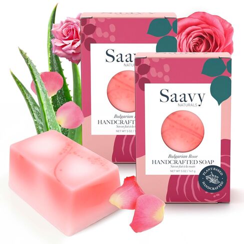 Saavy Naturals Handmade Body Soap Bars, Bulgarian Rose, Moisturizing for Women, Organic Vegan Formula, Creamy Lather with No Residue - 5 Oz, 2 Pack in Kuwait
