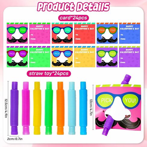 Valentines Day Gifts for Kids, 24 Sets Valentines Cards with Fidget Pop Tubes, Stretchy Stress Relief Fidget Toys for Kids, Valentines Exchange Cards Classroom Favors for Boys Girls School Class in Saudi Arabia