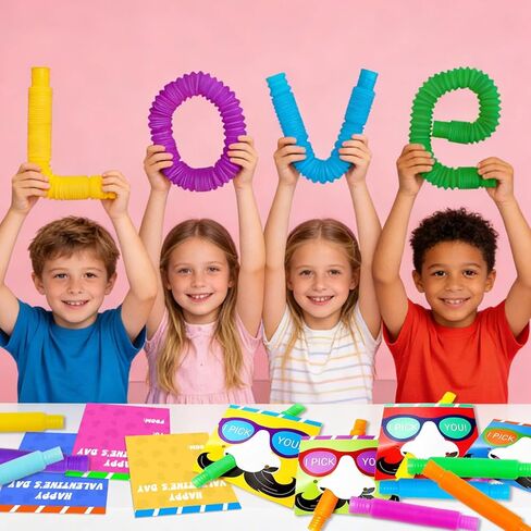 Valentines Day Gifts for Kids, 24 Sets Valentines Cards with Fidget Pop Tubes, Stretchy Stress Relief Fidget Toys for Kids, Valentines Exchange Cards Classroom Favors for Boys Girls School Class in Saudi Arabia
