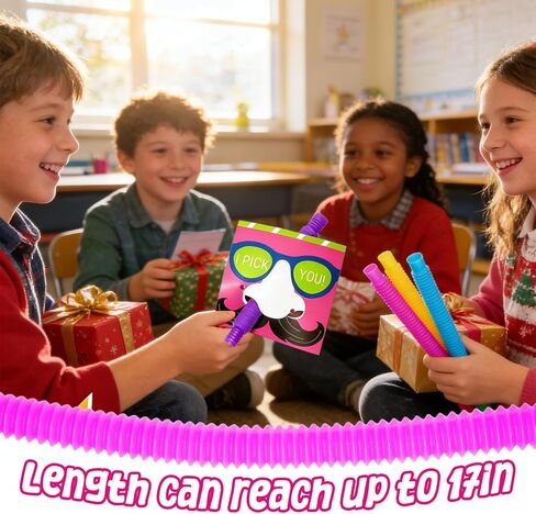 Valentines Day Gifts for Kids, 24 Sets Valentines Cards with Fidget Pop Tubes, Stretchy Stress Relief Fidget Toys for Kids, Valentines Exchange Cards Classroom Favors for Boys Girls School Class in Saudi Arabia