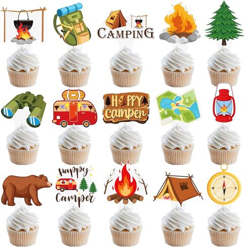 Camping Cupcake Toppers 48 Pieces Happy Camper Birthday Party Decorations Outdoor Adventure Theme Party Decorations Bear Tent Bonfire Guitar Cake Picks for Woodland Tree Birthday Baby Shower Supplies in Saudi Arabia