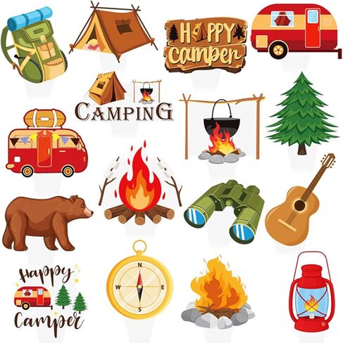 Camping Cupcake Toppers 48 Pieces Happy Camper Birthday Party Decorations Outdoor Adventure Theme Party Decorations Bear Tent Bonfire Guitar Cake Picks for Woodland Tree Birthday Baby Shower Supplies in Saudi Arabia