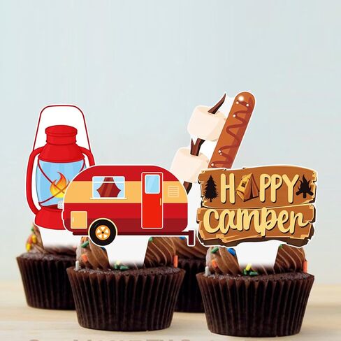 Camping Cupcake Toppers 48 Pieces Happy Camper Birthday Party Decorations Outdoor Adventure Theme Party Decorations Bear Tent Bonfire Guitar Cake Picks for Woodland Tree Birthday Baby Shower Supplies in Saudi Arabia