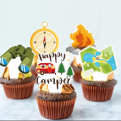 Camping Cupcake Toppers 48 Pieces Happy Camper Birthday Party Decorations Outdoor Adventure Theme Party Decorations Bear Tent Bonfire Guitar Cake Picks for Woodland Tree Birthday Baby Shower Supplies in Saudi Arabia