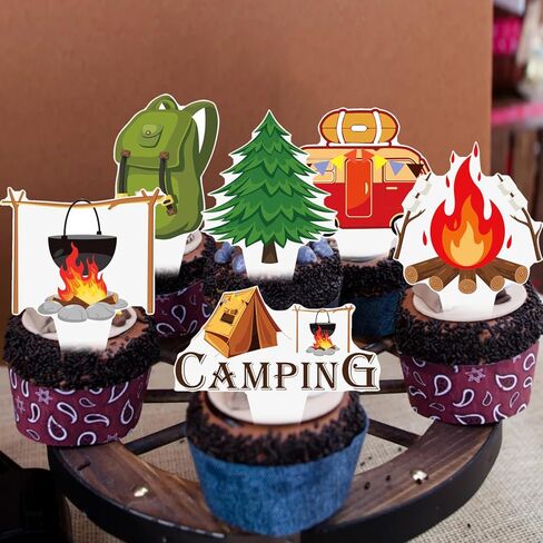 Camping Cupcake Toppers 48 Pieces Happy Camper Birthday Party Decorations Outdoor Adventure Theme Party Decorations Bear Tent Bonfire Guitar Cake Picks for Woodland Tree Birthday Baby Shower Supplies in Saudi Arabia
