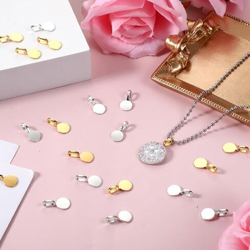 100 Pcs Bails for Jewelry Making Gold & Silver on Flat Pad Bails Round Pendants Charms Connector Hanger Glue On Pendant Bail for Pendants DIY Craft Jewelry Making Accessories (50 Gold+50 Silver) in Saudi Arabia
