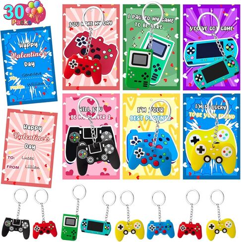 30 Pack Valentines Day Cards Gifts for Classroom, Video Games Keychains with Valentines Greeting Cards for Kids Student Classroom School Exchange Gifts, Valentines Party Favor Goodie Bag Stuffers Toys in Saudi Arabia
