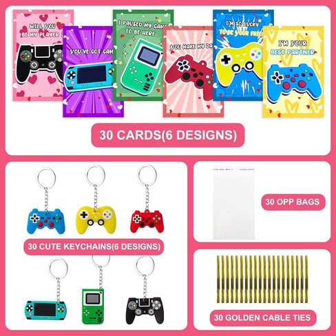 30 Pack Valentines Day Cards Gifts for Classroom, Video Games Keychains with Valentines Greeting Cards for Kids Student Classroom School Exchange Gifts, Valentines Party Favor Goodie Bag Stuffers Toys in Saudi Arabia