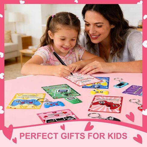 30 Pack Valentines Day Cards Gifts for Classroom, Video Games Keychains with Valentines Greeting Cards for Kids Student Classroom School Exchange Gifts, Valentines Party Favor Goodie Bag Stuffers Toys in Saudi Arabia